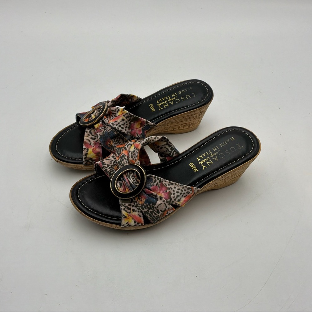 Tuscany Easy Street Floral Cork Wedge Sandals Size 6 W Slip On Made in Italy